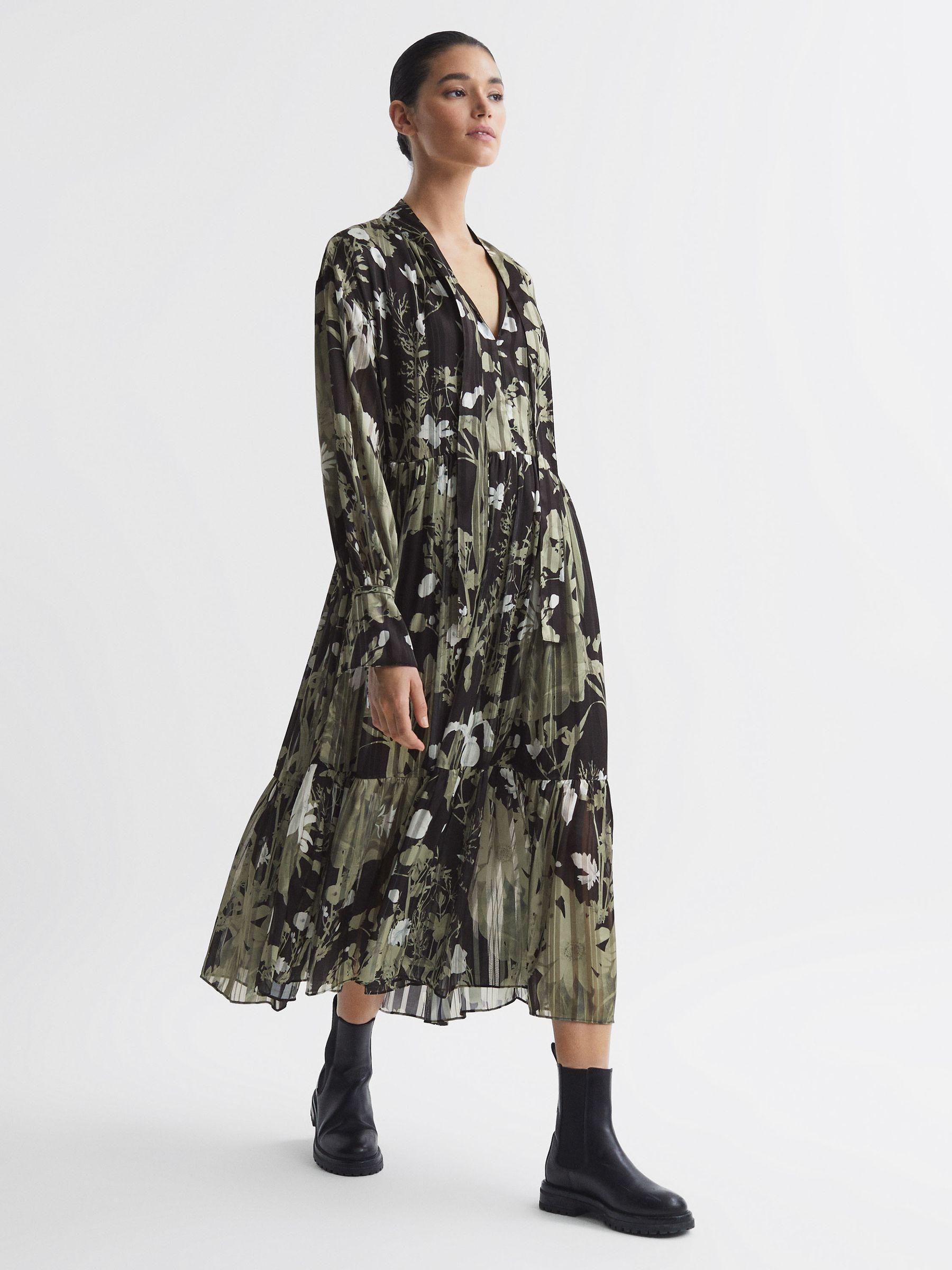 Floral Print Tie Neck Midi Dress in Green Product Image