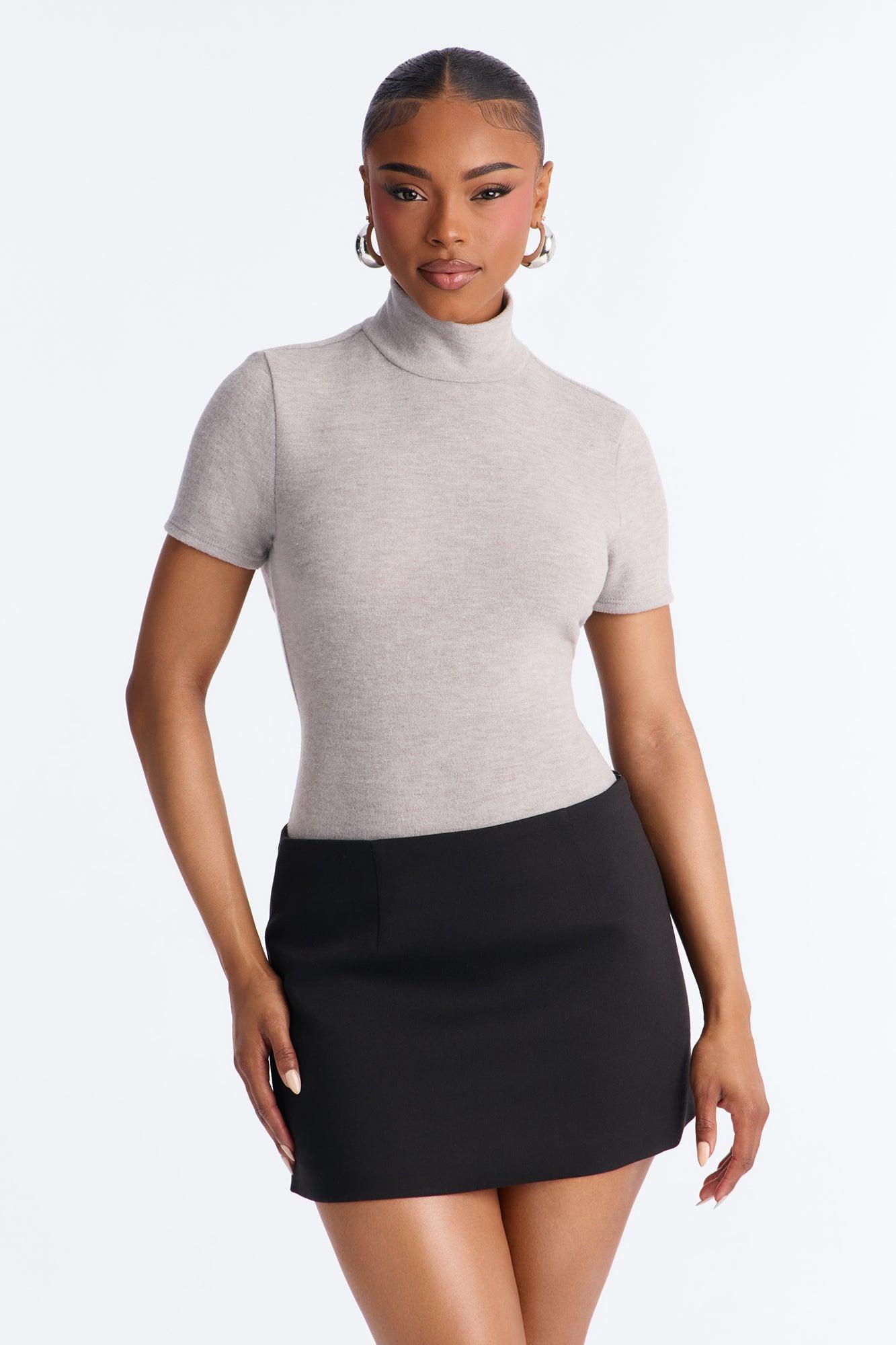 Marenna Mock Neck Short Sleeve Hacci Bodysuit - Grey Female Product Image