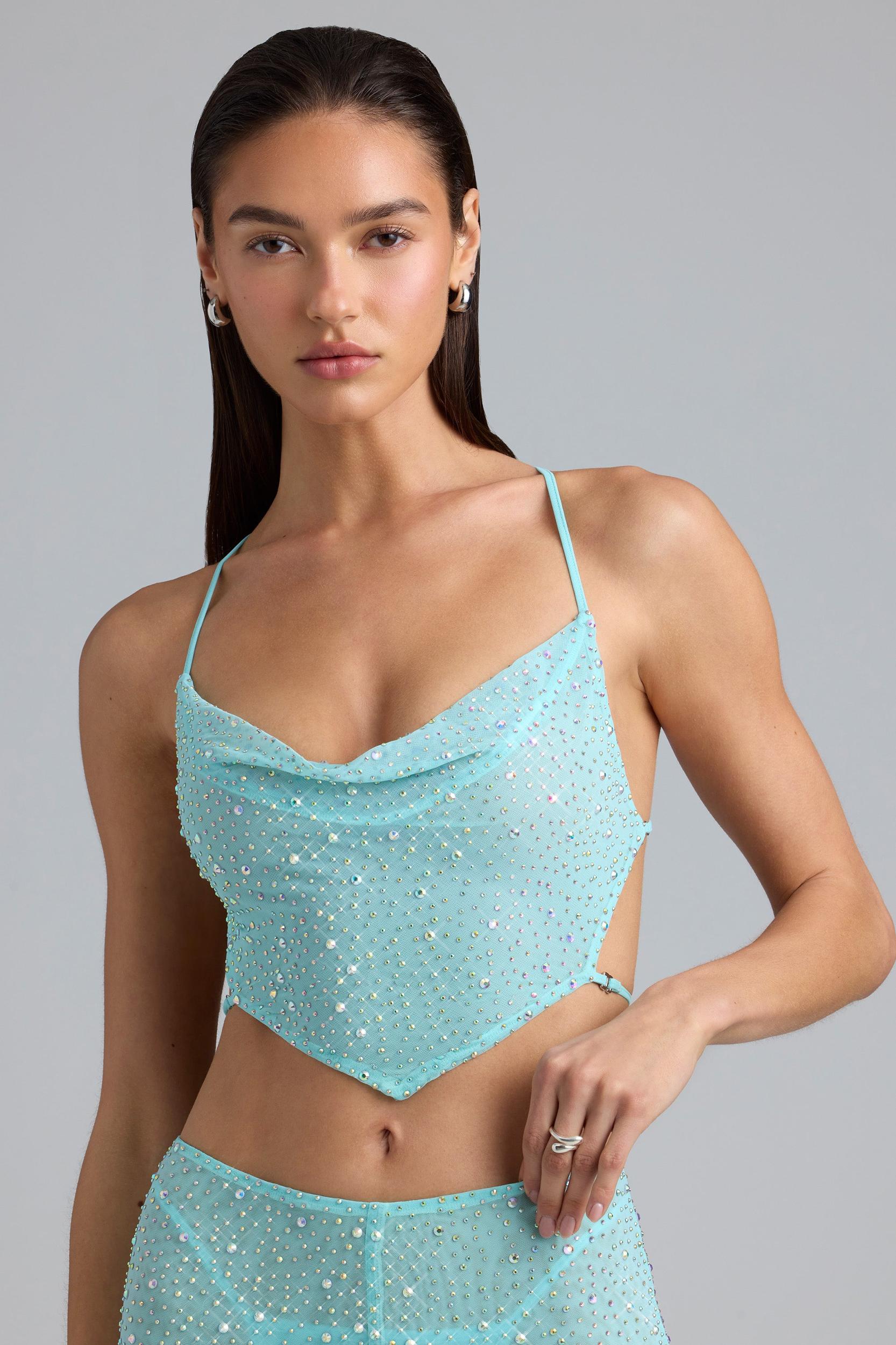 Embellished Cowl-Neck Crop Top in Ice Blue Product Image