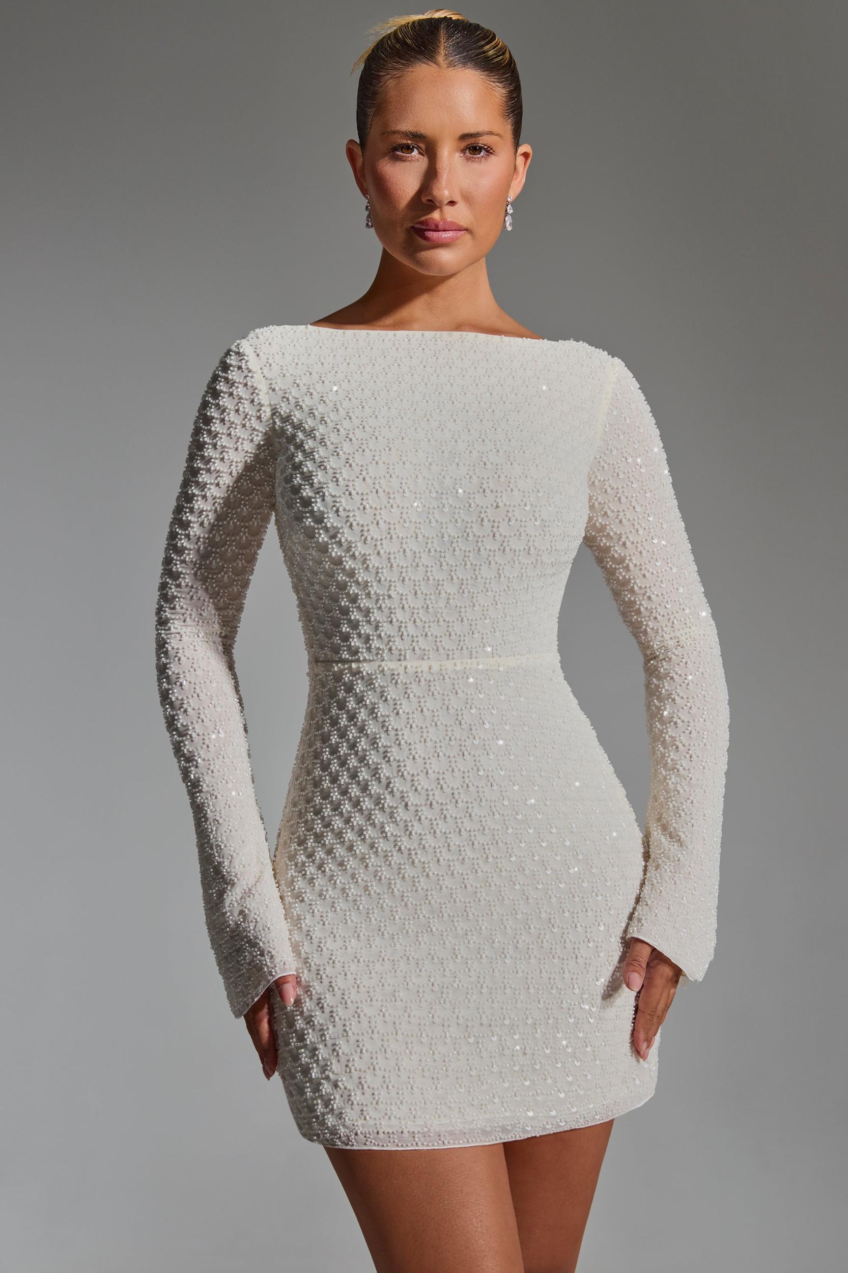 Embellished Open-Back A-Line Mini Dress in White Product Image