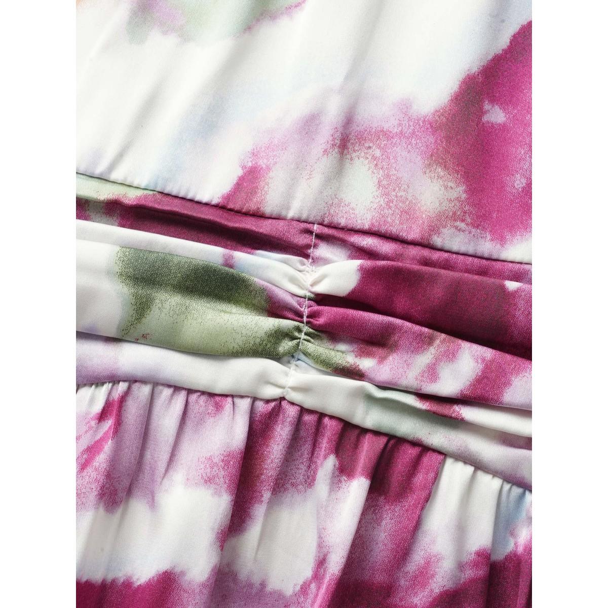 Plus Size Watercolor Floral Print Ruched Ruffle Sleeve Dress Lilac Women Elegant Gathered Round Neck Short sleeve Curvy BloomChic 22-24/3X Product Image