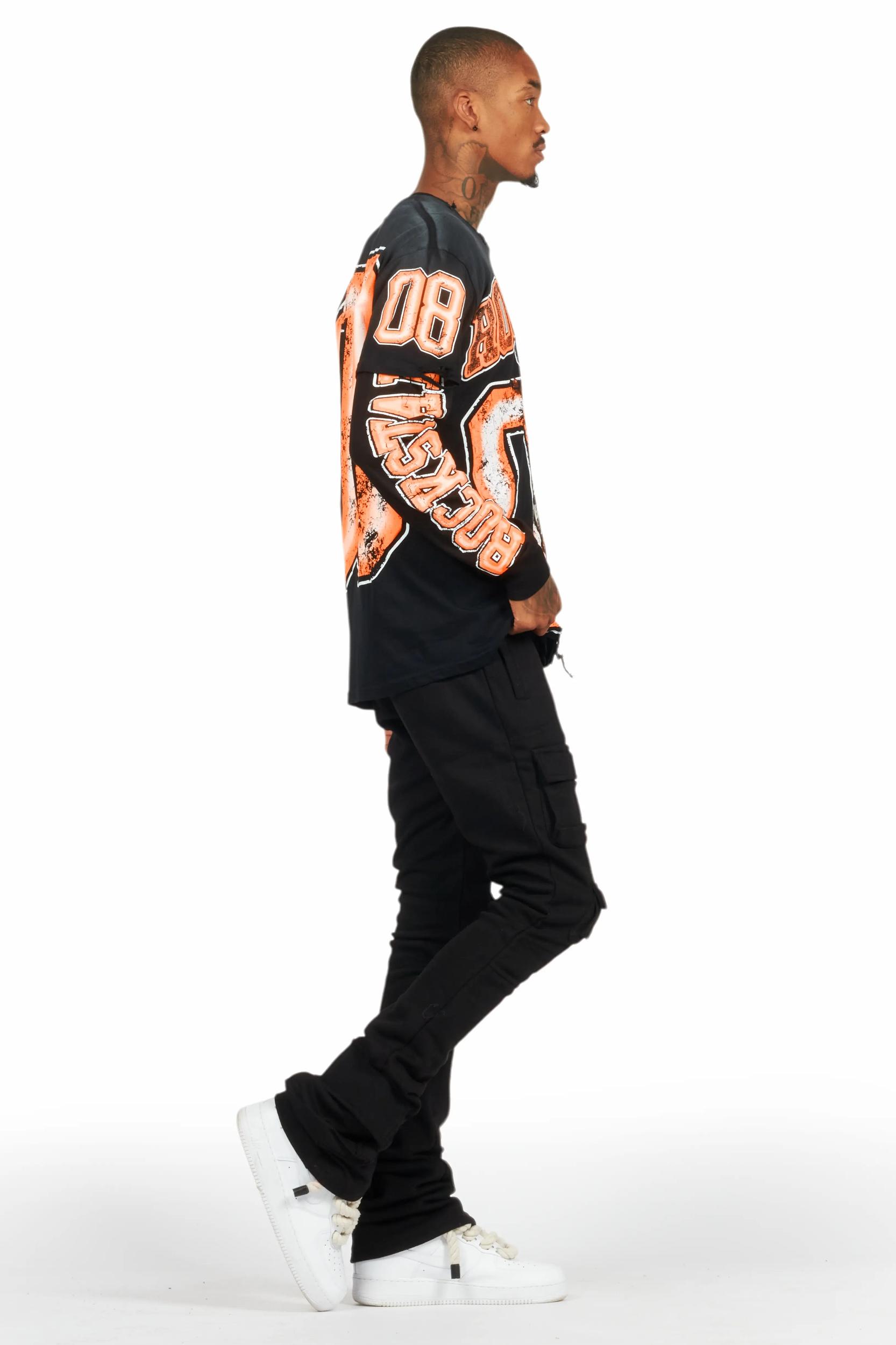 Fields Black/Orange Double Layer Long Sleeve Graphic T-Shirt Male Product Image