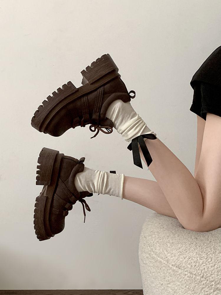 Platform Plain Lace-Up Faux Leather Shoes Product Image