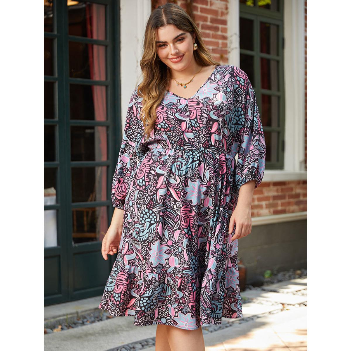 Plus Size Floral Print Lantern Sleeve Elastic Waist Dress Multicolor Women Vacation Elastic cuffs V-neck Elbow-length sleeve Curvy Midi Dress BloomChic 12/L Product Image