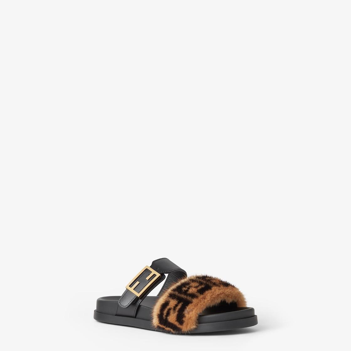 Fendi FeelBlack leather and mink FF slides Product Image