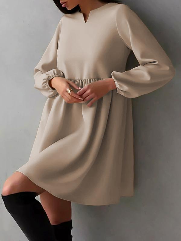 Loose Puff Sleeves Elasticity Pleated Solid Color Split-Joint Round-Neck Mini Dresses Product Image