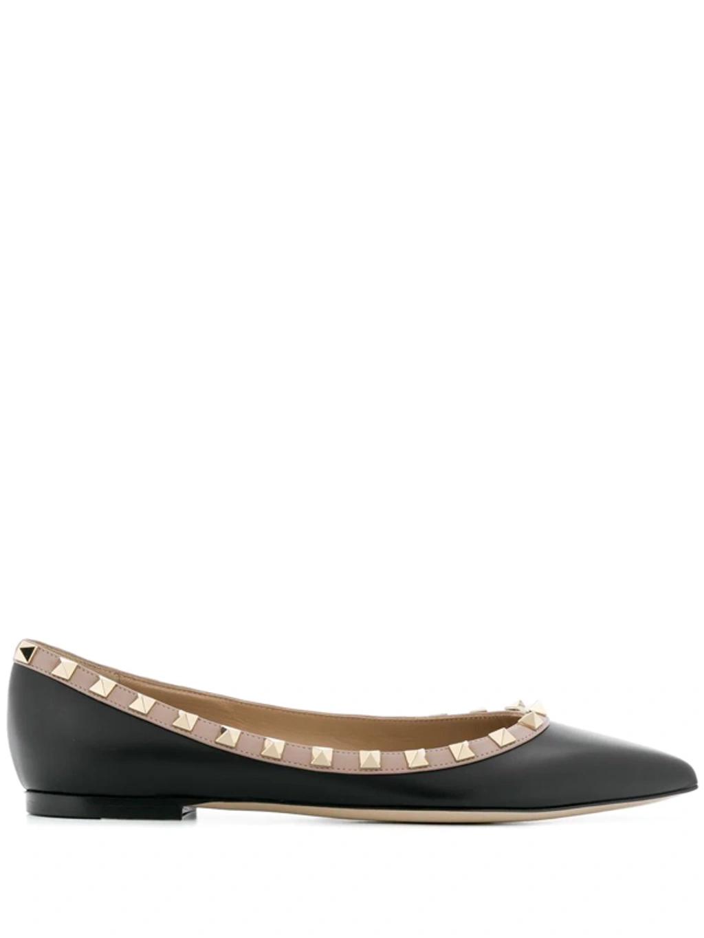 VALENTINO GARAVANI Pointed Toe Studded Trim Flat Sole Ballerina In Black Product Image