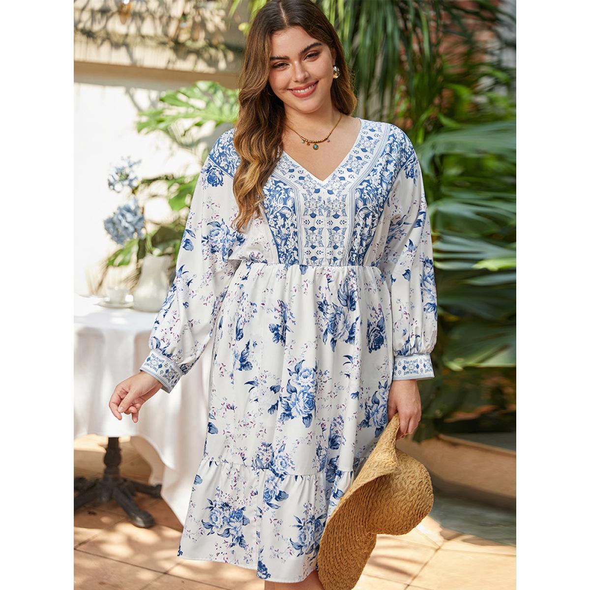 Plus Size Floral Print Lantern Sleeve Pocket Ruffle Dress Stone Women Vacation Printed V-neck Long Sleeve Curvy Midi Dress BloomChic 30/6X Product Image
