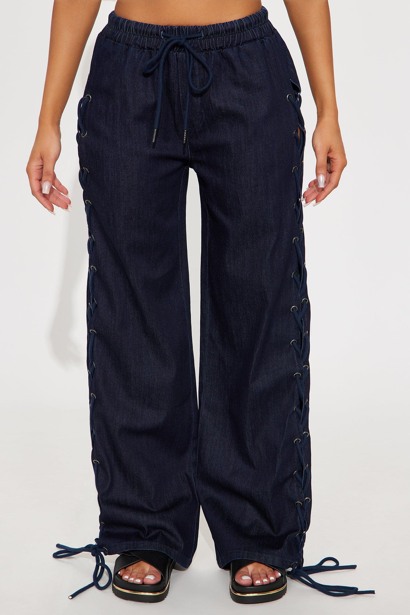 Lucky Laced Up Wide Leg Denim Jeans - Dark Wash Female Product Image