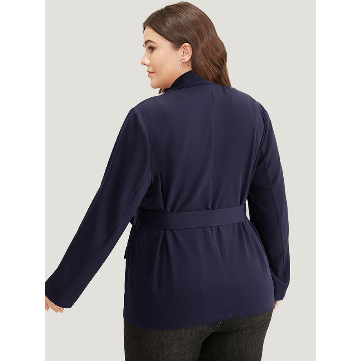 Plus Size Button Through Belted Blazer Indigo Women Dailywear Plain Plain Sleeve Long Sleeve Suit Collar 10/M Pocket Belt Elegant Blazers BloomChic Product Image