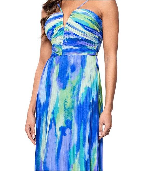 Xscape Abstract Print Pleated Chiffon Halter Neckline Sleeveless Maxi Dress Product Image