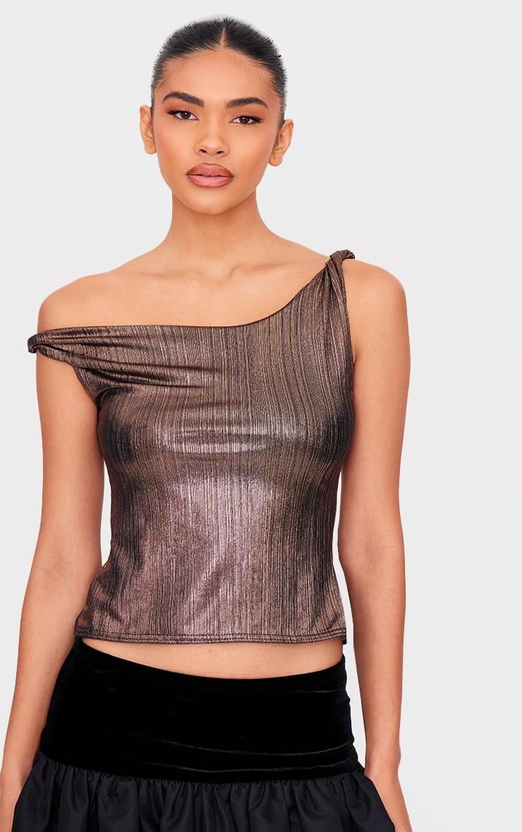 Gold Metallic Textured Twist Shoulder Long Top Product Image