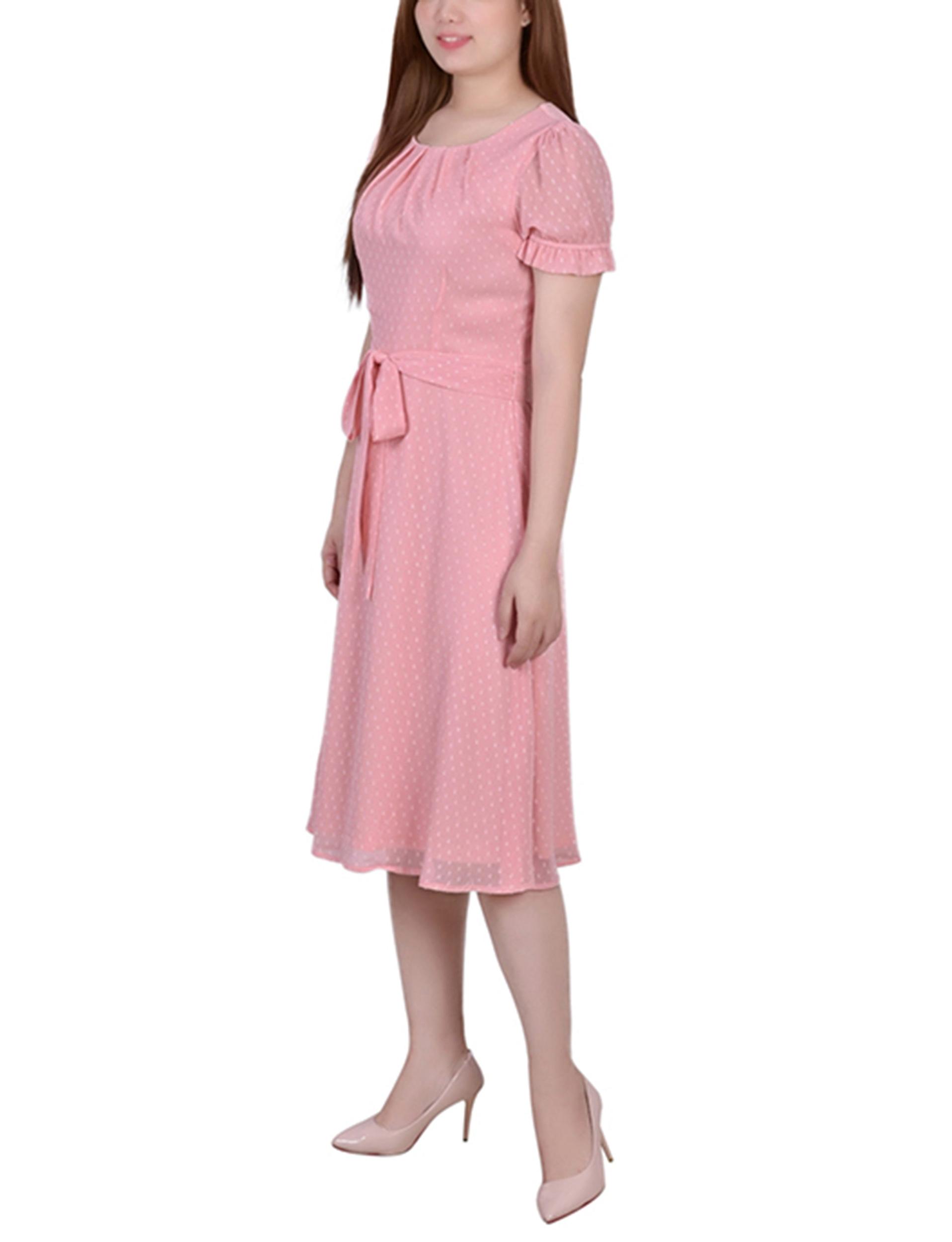 Mellow Rose Short Sleeve Belted Swiss Dot Dress - Petite Product Image