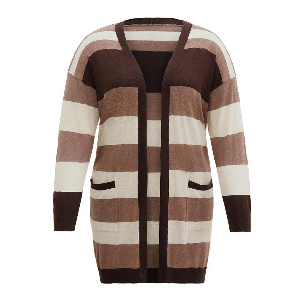 Plus Size Supersoft Essentials Colorblock Contrast Pocket Cardigan DarkBrown Women Casual Loose Long Sleeve Dailywear Cardigans BloomChic 26/4X Product Image