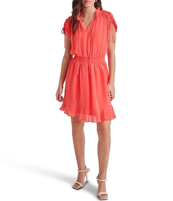 DKNY by Donna Karan Round Tie Neck Short Sleeve Smocked Waist Mini Dress Product Image