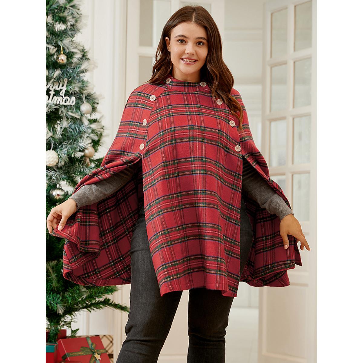 Plus Size Tartan Button Side Cape Coat Without Hat Women Scarlet Elegant Button Loose Ladies Dailywear Winter Coats BloomChic 22-24/3X Product Image