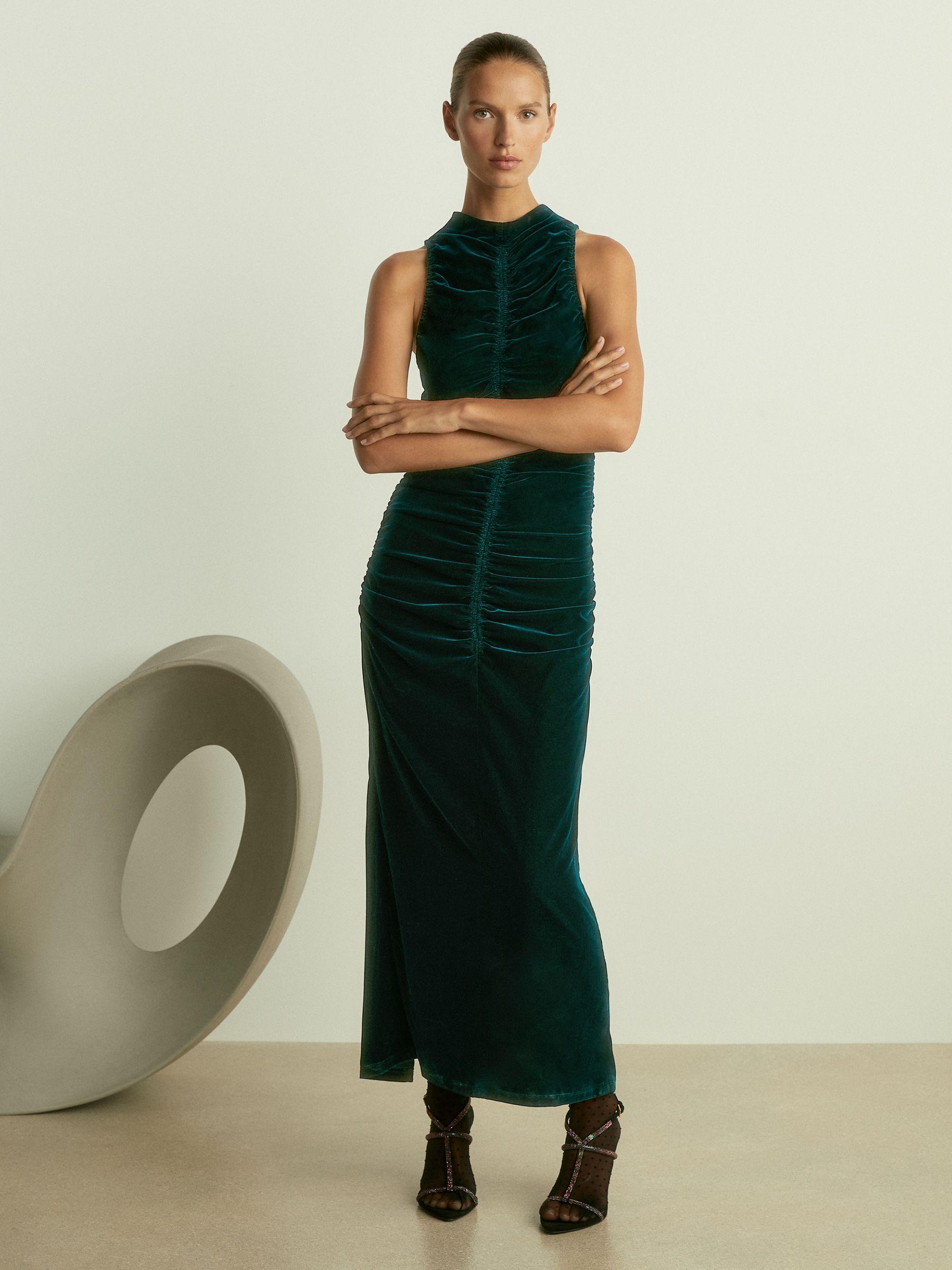 Racer-Front Ruched-Velvet Dress in Teal Product Image