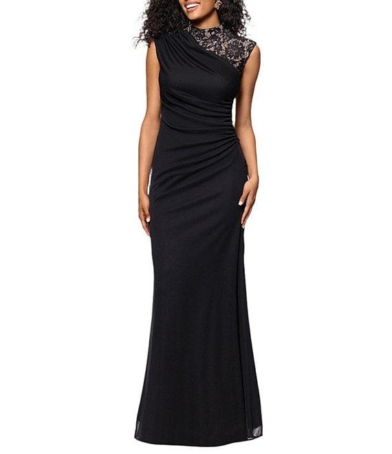 Betsy & Adam Matte Jersey Lace Mock Neck Sleeveless Ruched Sheath Gown Product Image