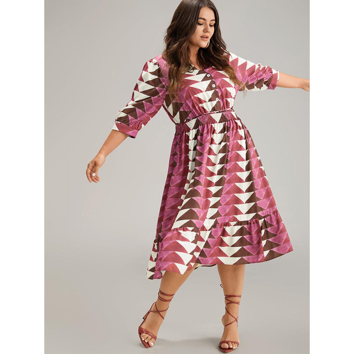 Plus Size Geometric Shirred Button Up Ruffle Hem Dress RedViolet Women Vacation Printed Notched collar Elbow-length sleeve Curvy Midi Dress BloomChic 28/5X Product Image