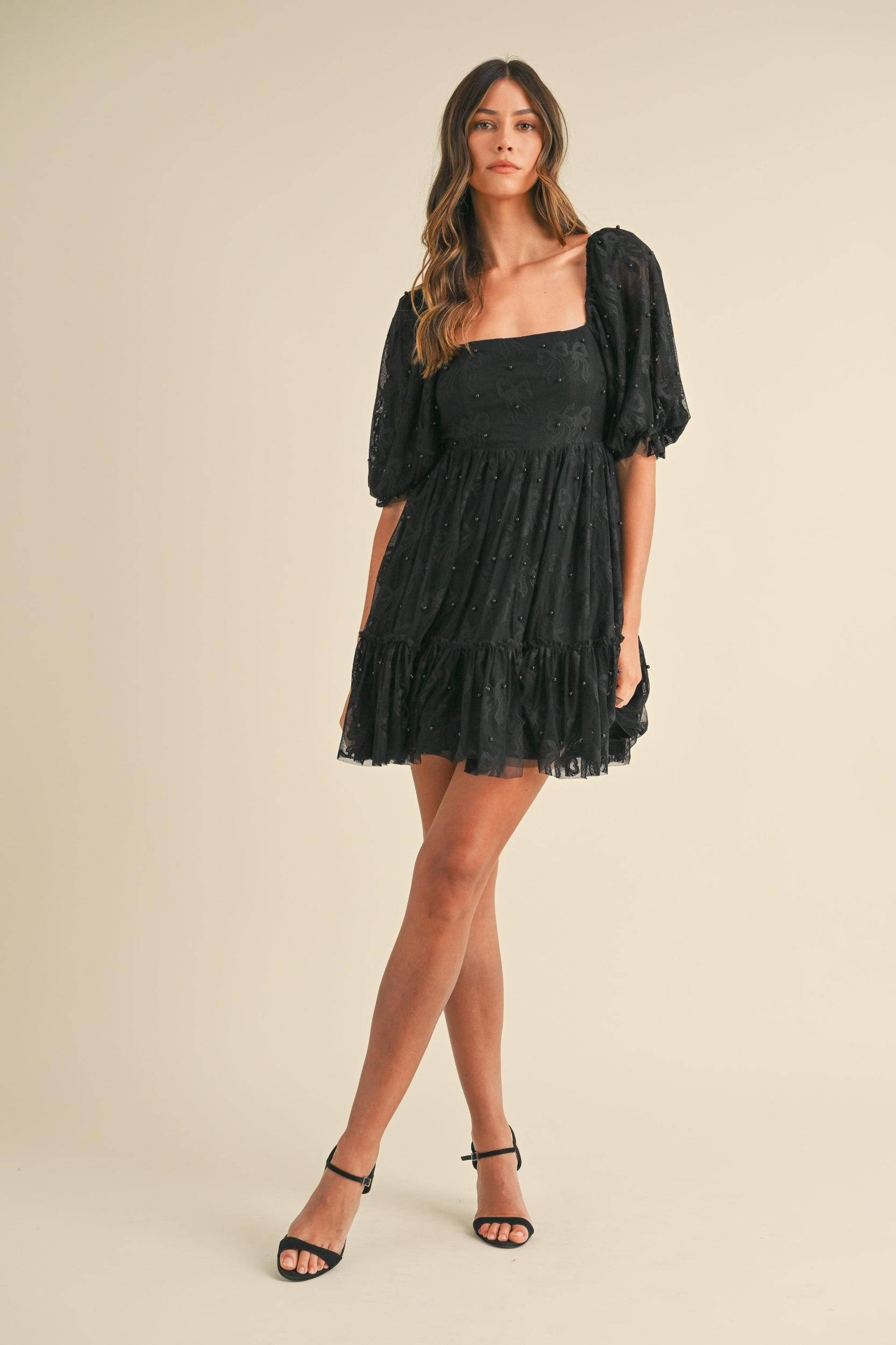 Jacquard Bow & Pearl Detail Mesh Dress Product Image