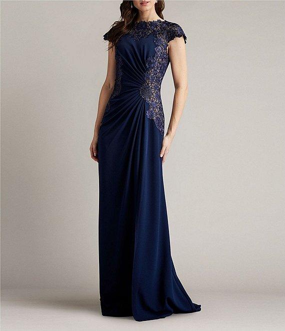 Tadashi Shoji Crepe Floral Embroidered Boat Neck Cap Sleeve Pleated Gown Product Image