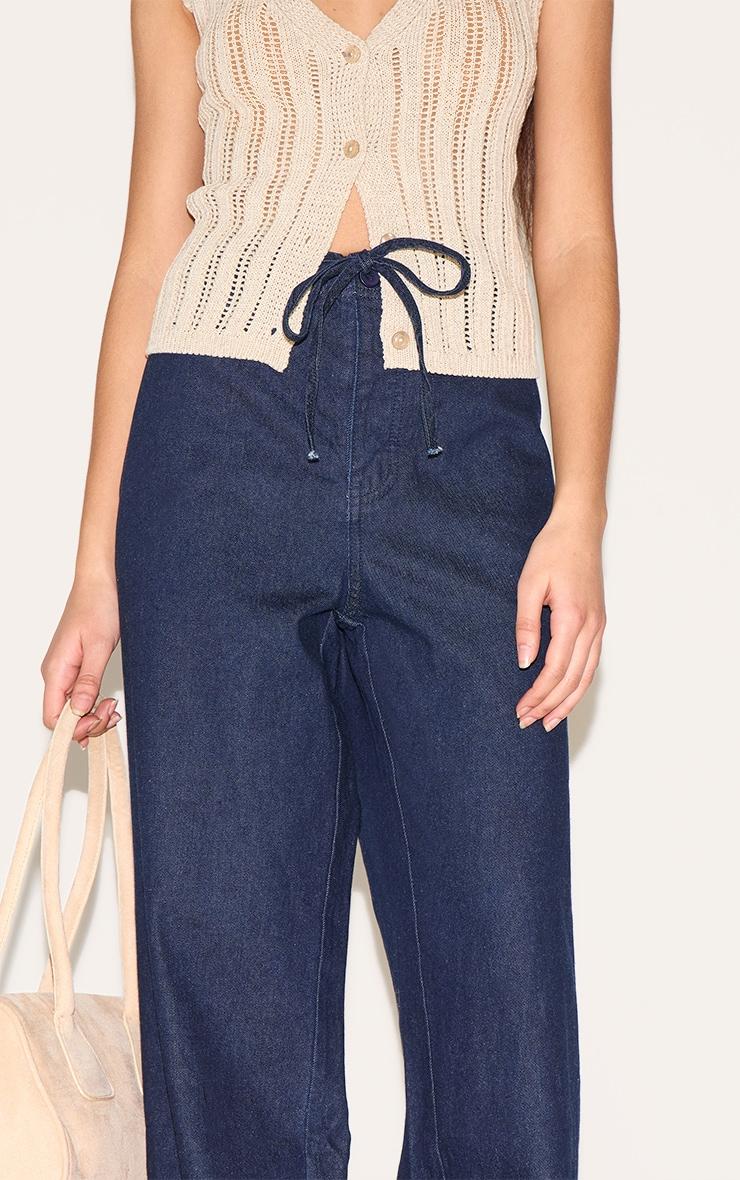 Petite Indigo Denim Relaxed Drawstring Wide Leg Jeans Product Image