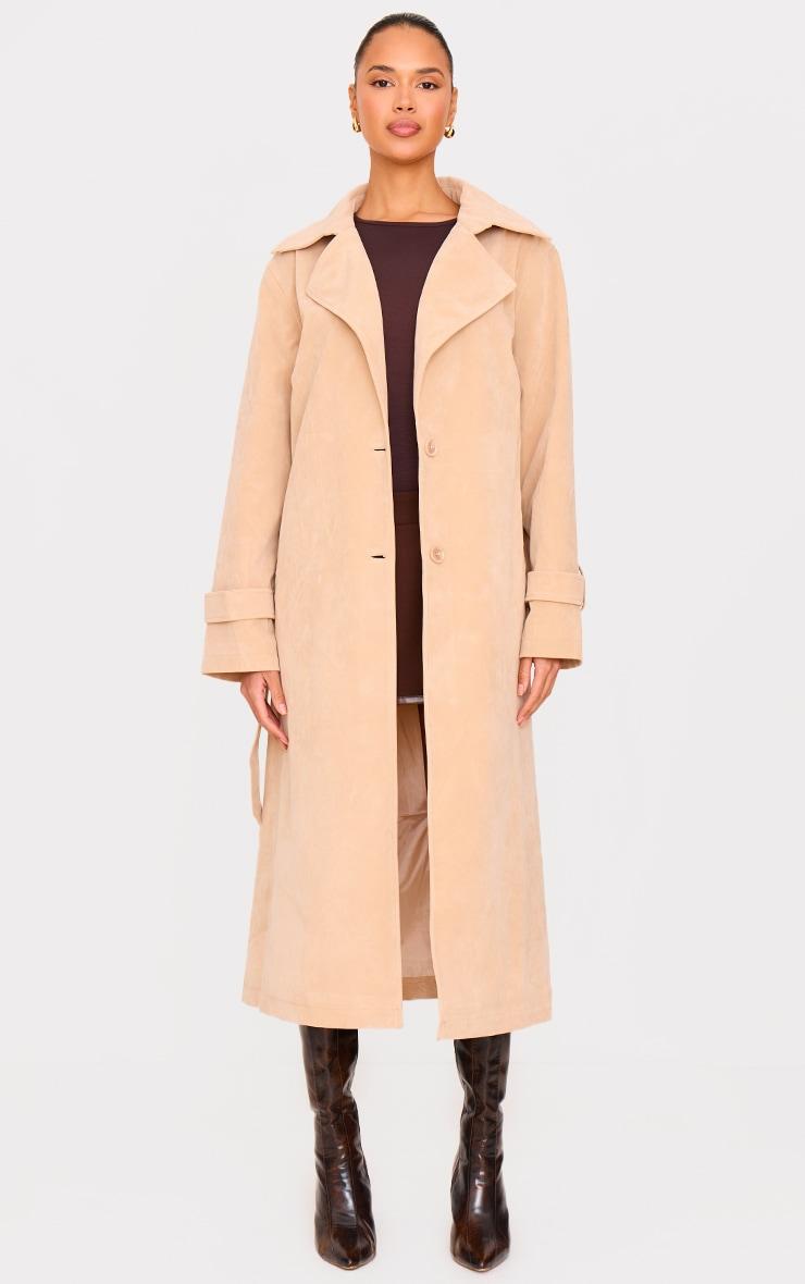 Stone Faux Suede Buckle Belt Trench Coat Product Image