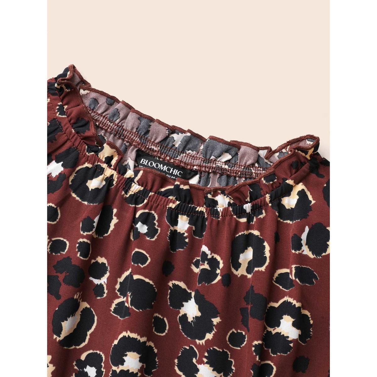 Plus Size Leopard Print Mock Neck Frill Trim Dress Russet Women Elegant Frill Trim Mock Neck Long Sleeve Curvy BloomChic 22-24/3X Product Image