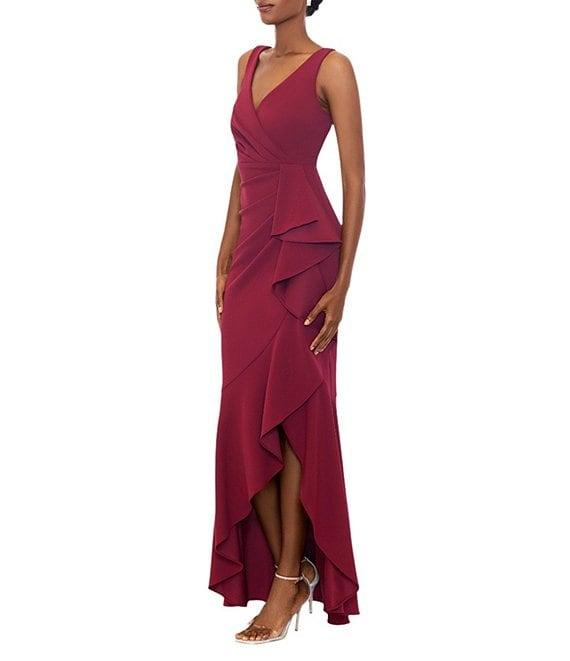 Betsy & Adam Sleeveless V-Neck Spiral Ruffle Cascade Gown Product Image