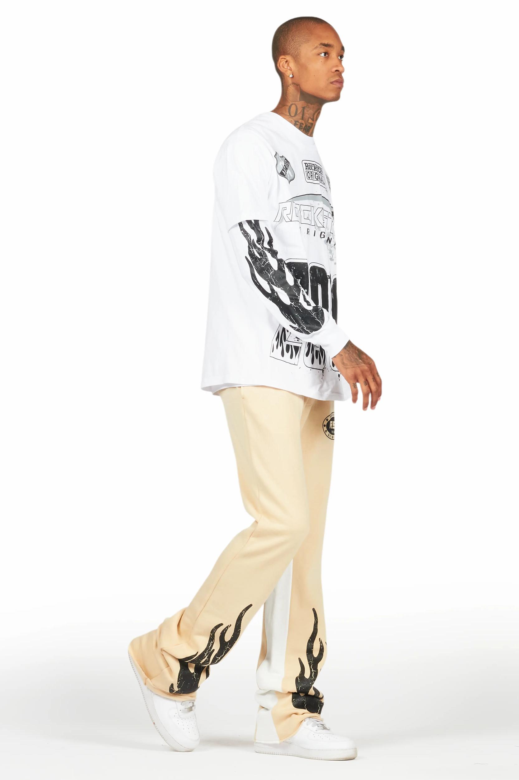 Amos White/Beige Double Layer T-Shirt/Stacked Baggy Pant Set Male Product Image