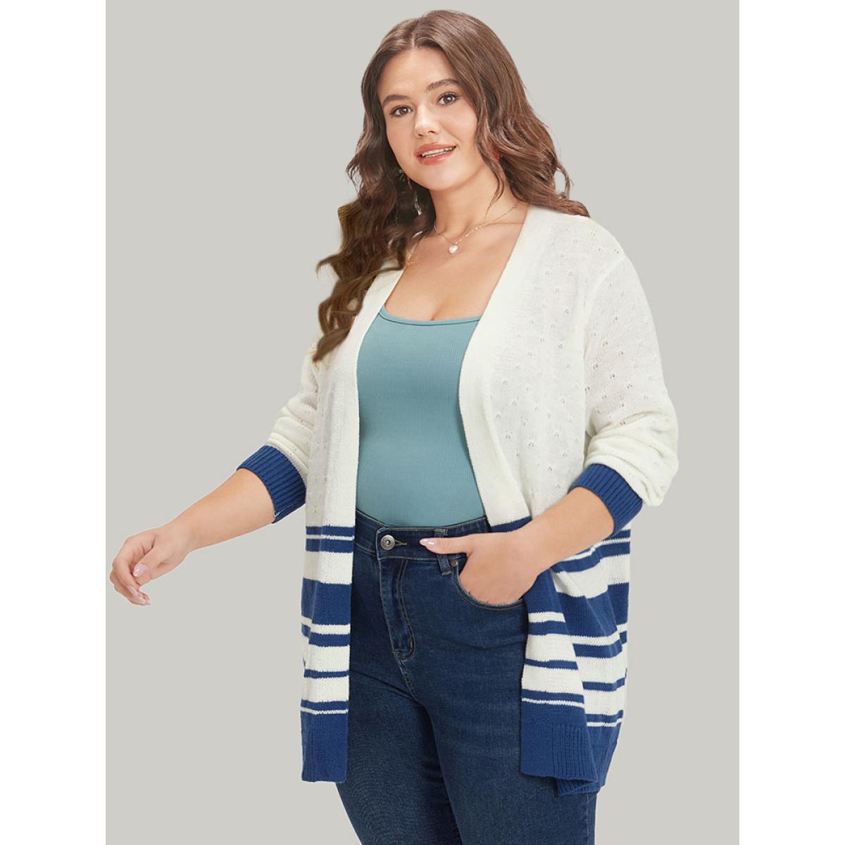 Plus Size Striped Open Front Contrast Elastic Cuffs Cardigan Ivory Women Casual Loose Long Sleeve Dailywear Cardigans BloomChic 22-24/3X Product Image