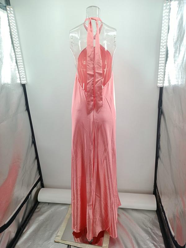 A-Line Loose Backless Solid Color Tied Halter-Neck Maxi Dresses Product Image