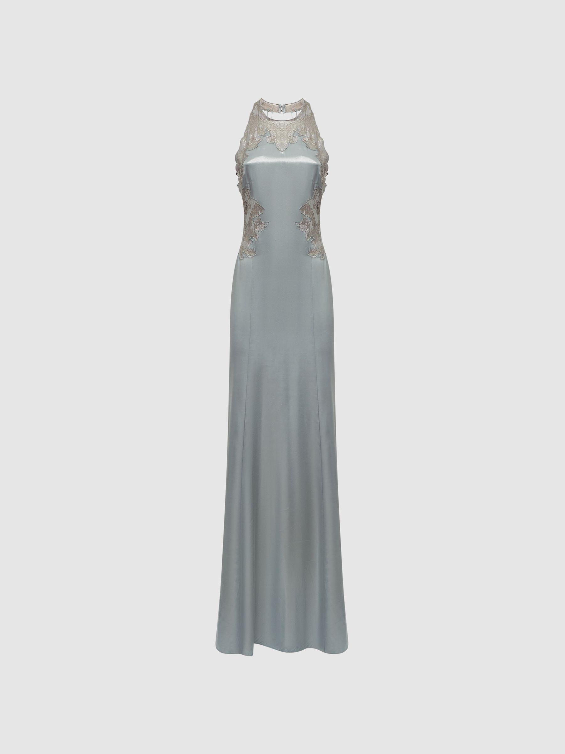 Fitted Lace Halter Neck Maxi Dress in Silver Product Image