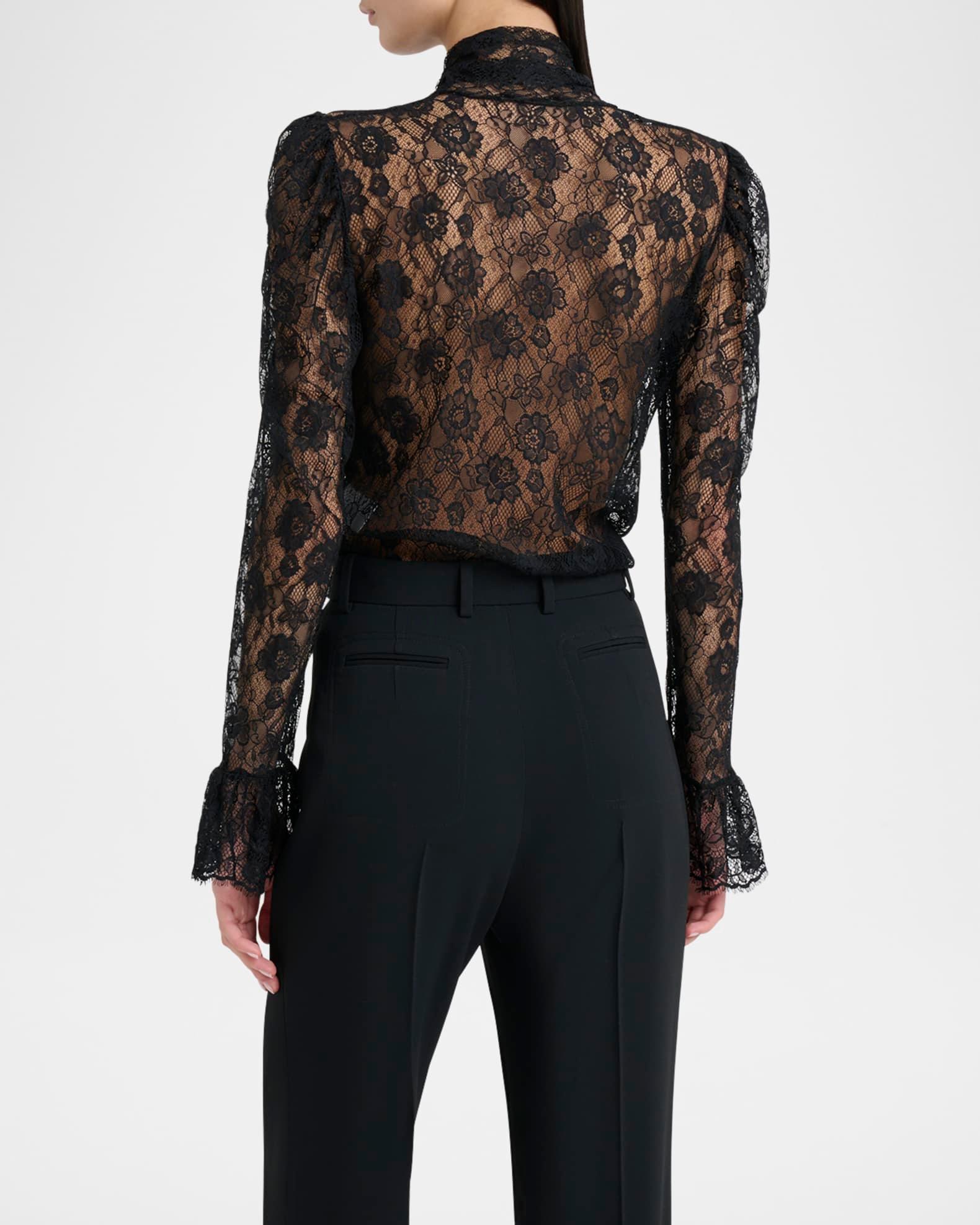 Tie-Neck Lace Button-Down Blouse Product Image