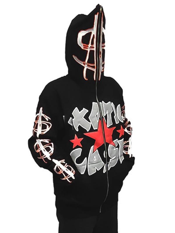 Men's Hip Pop Letter Print Full Zip Oversized Hoodie Product Image
