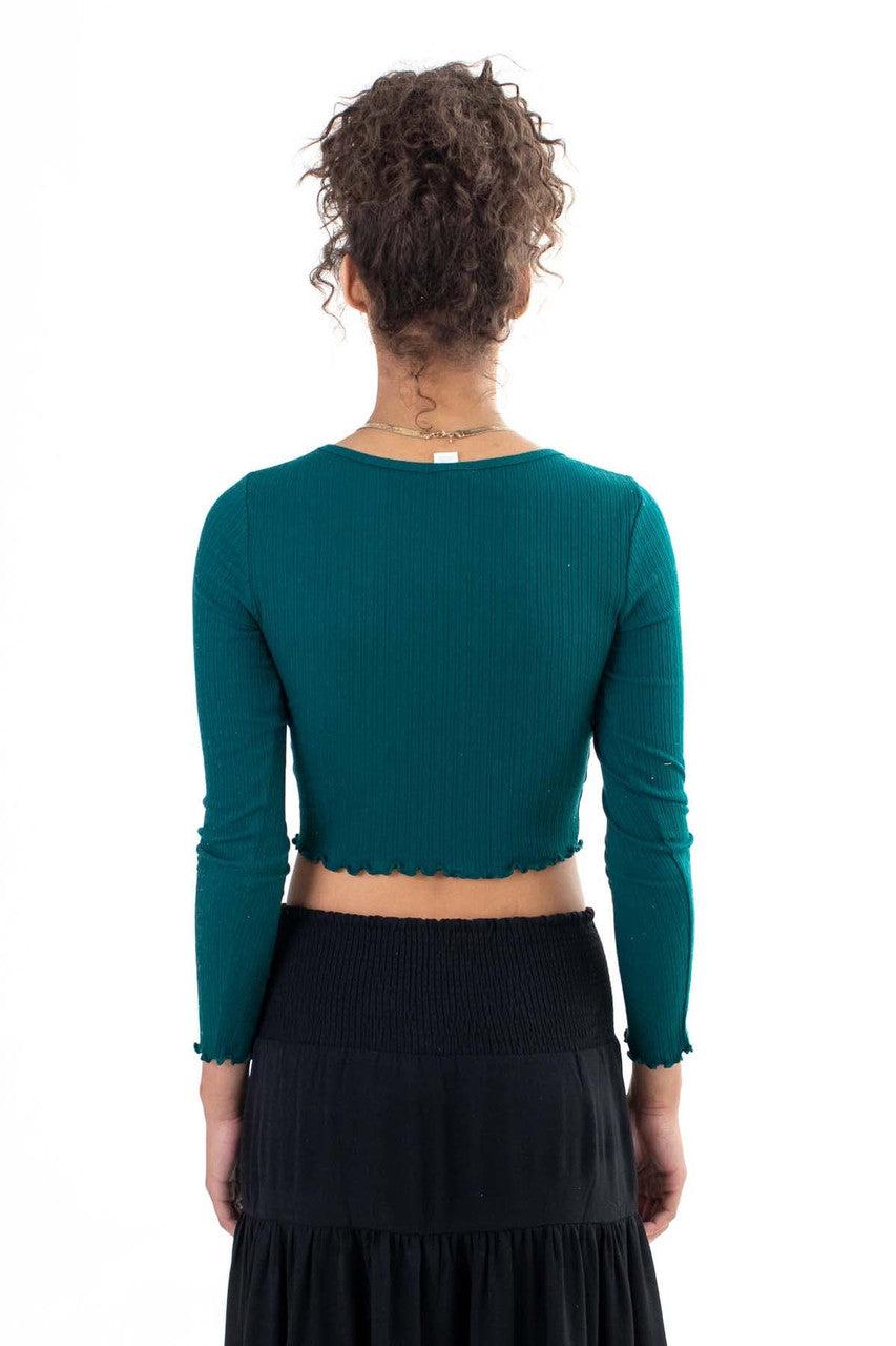 Green Double Ribbed Long Sleeve Crop Top Product Image