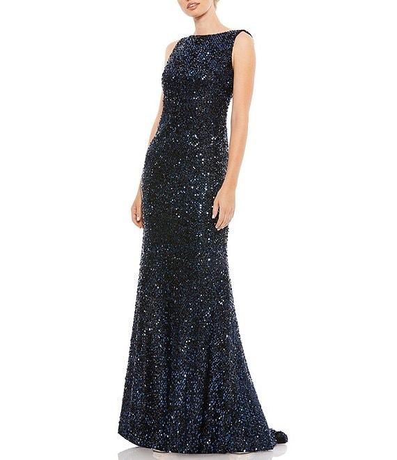 Ieena for Mac Duggal Sequin Drape Back Detail Boat Neck Sleeveless Sheath Gown Product Image