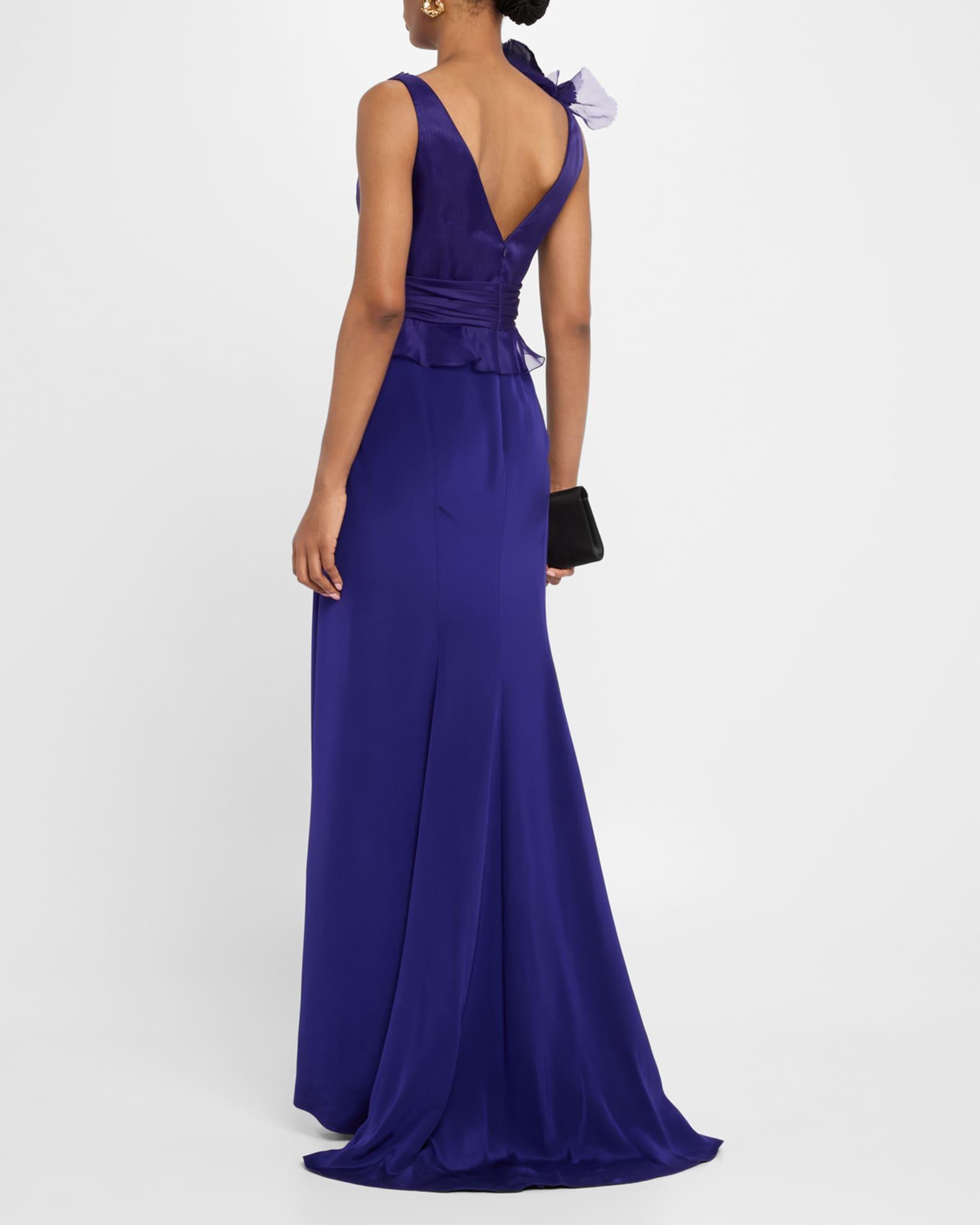 Draped Flower Ruffle Matte Crepe & Organza Gown Product Image