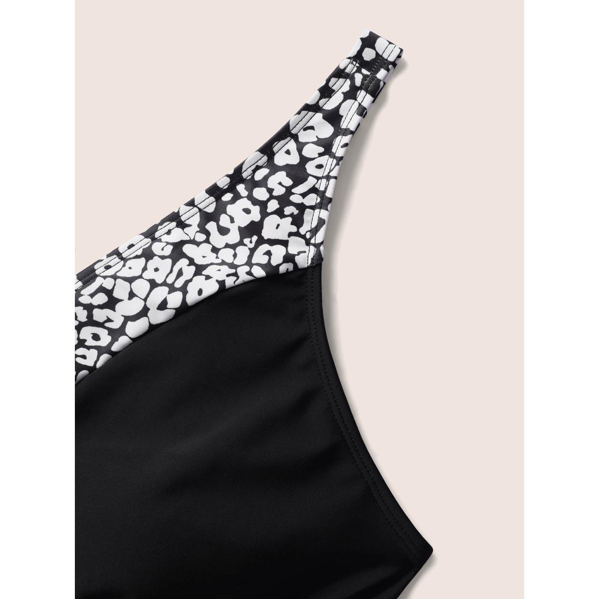 Plus Size Leopard Print Patchwork V Neck Swim Top Women's Swimwear Black Beach Contrast High stretch Skinny V-neck Curve Swim Tops BloomChic 10/M Product Image