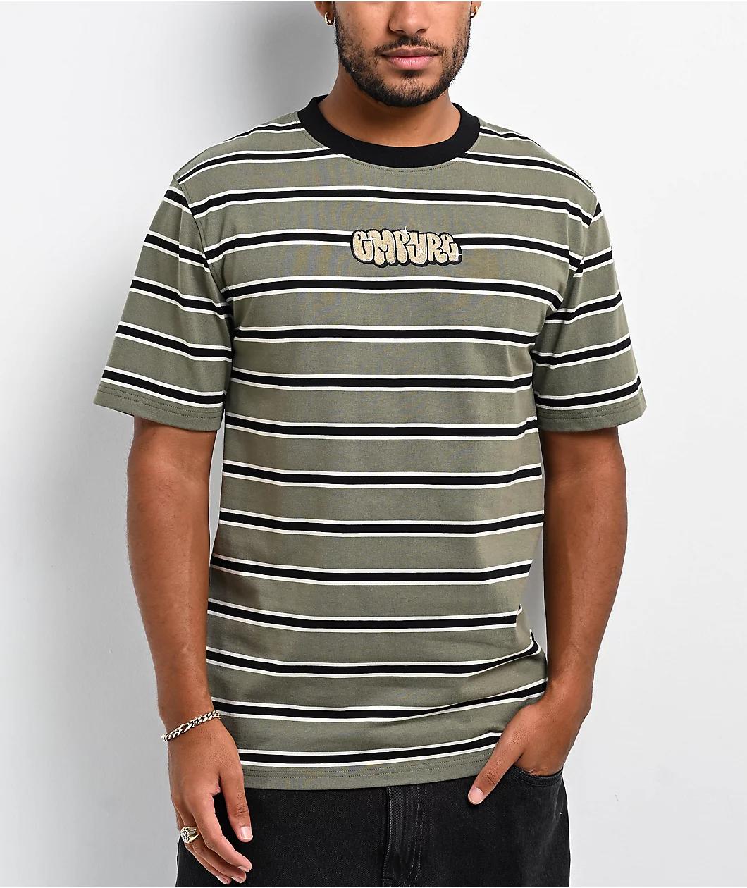 Empyre Burner Knit Olive Green & Black Stripe T-Shirt Product Image