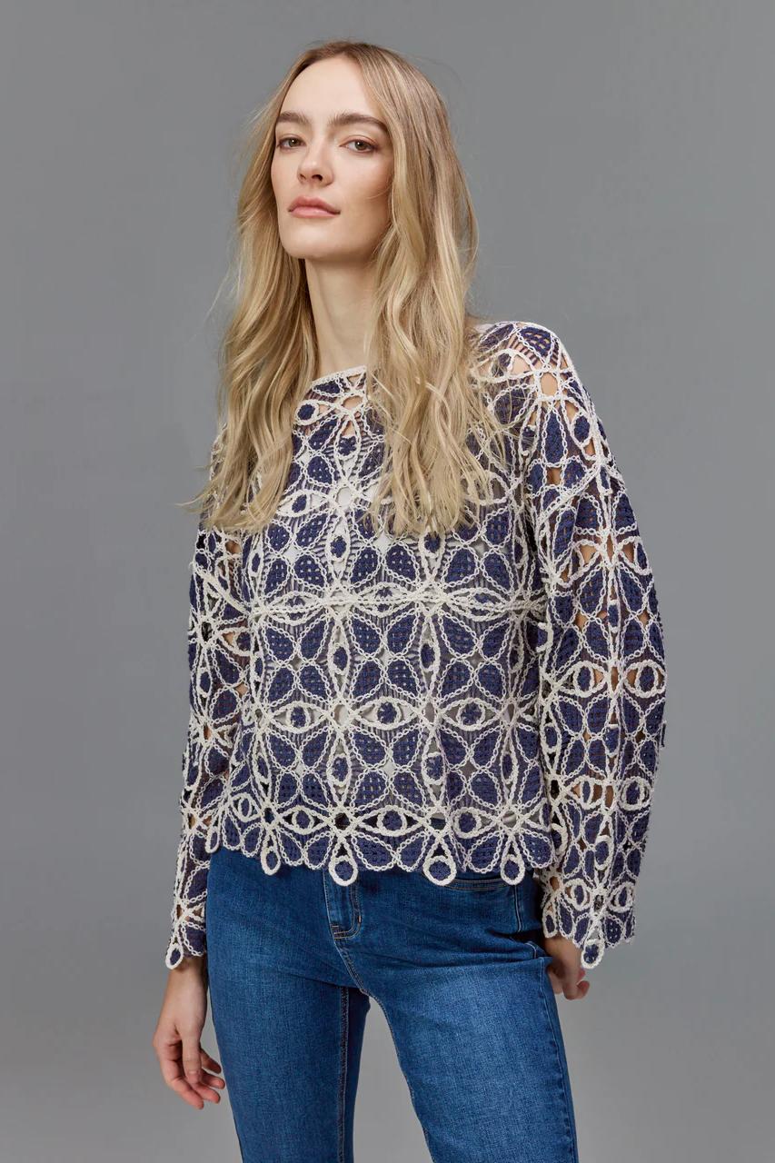 Crochet Long Sleeve Boat Neck Top Product Image