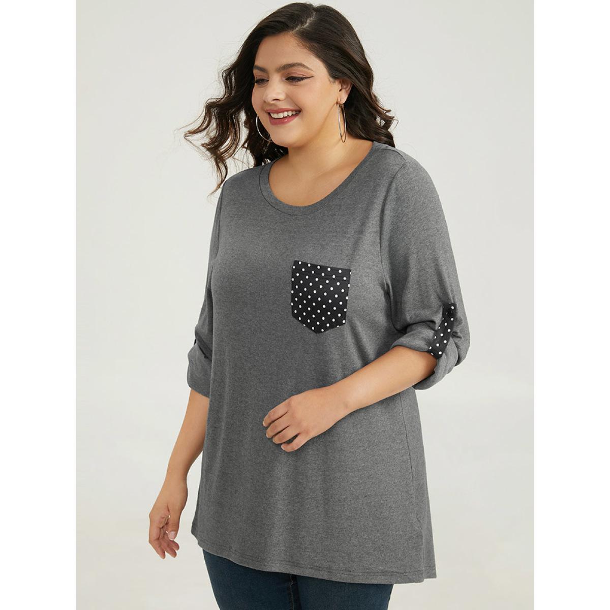 Plus Size Polka Dot Patched Pocket Tab Sleeve T-shirt DimGray Women Casual Contrast Polka Dot Round Neck Dailywear T-shirts BloomChic 12/L Product Image
