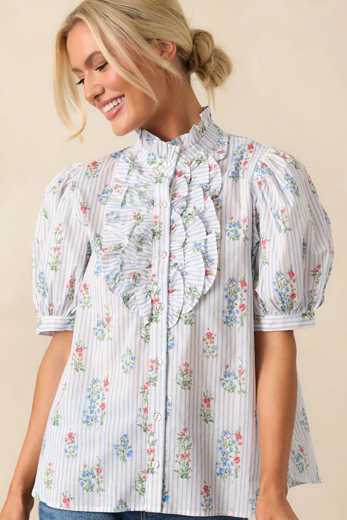 Things Happen Light Blue Stripe Floral Cotton Button Front Top Product Image