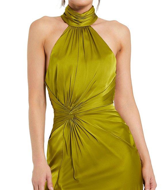 Mac Duggal Satin Halter Mock Neck Sleeveless Side Ruched Gown Product Image