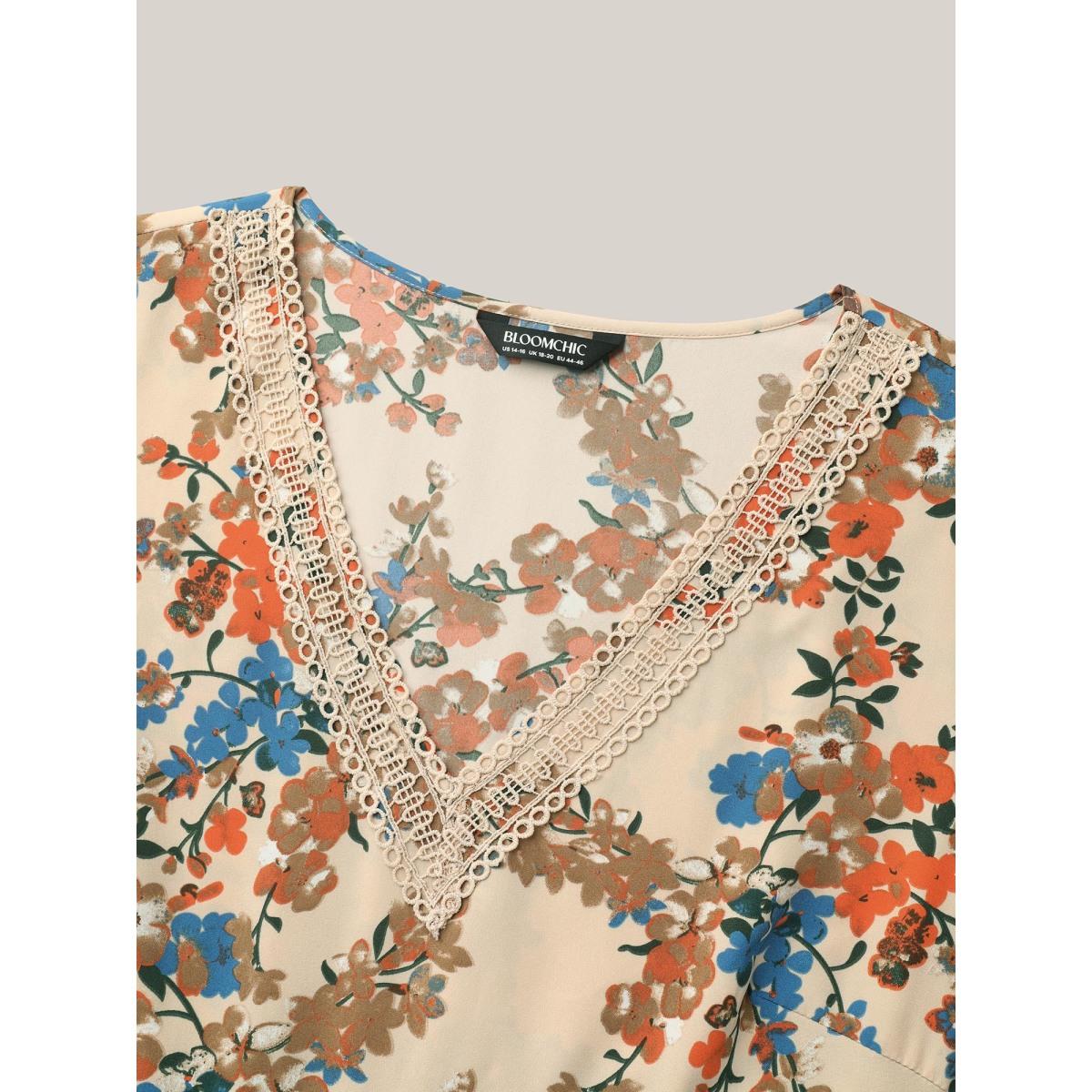 Plus Size Floral Pring Lace Detail Tied Midi Dress Apricot Women Elegant Woven ribbon&lace trim V-neck Short sleeve Curvy BloomChic 18-20/2X Product Image