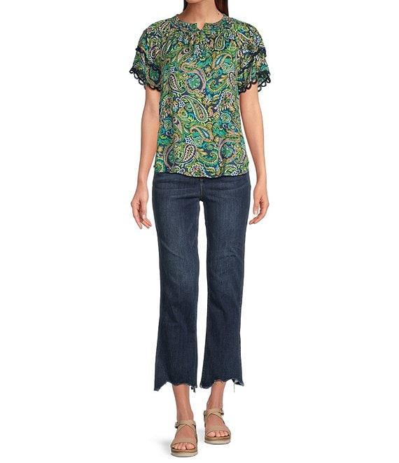 Democracy Paisley Print Smocked Split V-Neck Lace Trim Double Flounce Sleeve Top Product Image