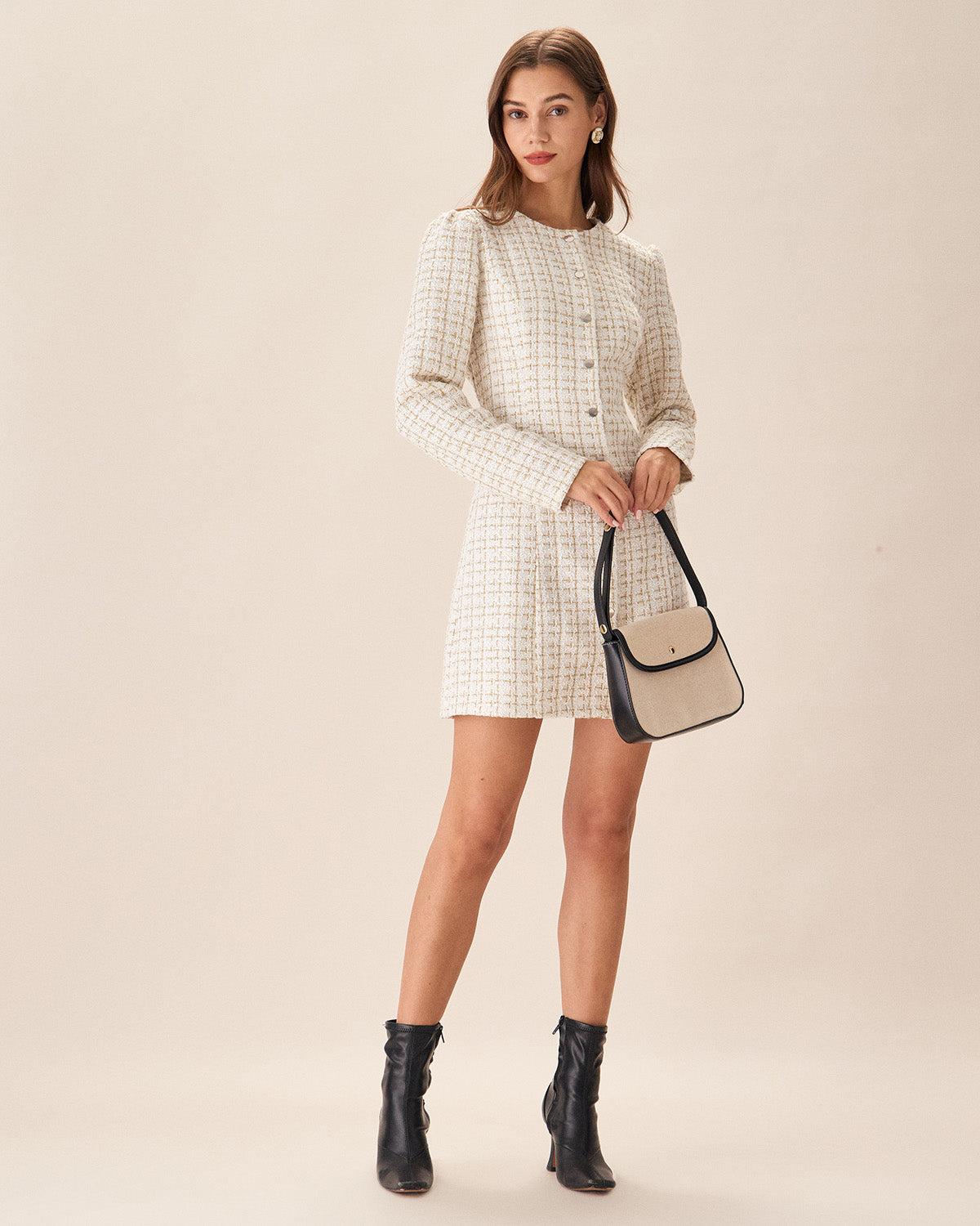White Square Neck Tweed Mini Dress Product Image
