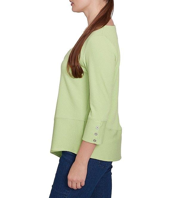 Ruby Rd. Knit Cable Stripe Square Neck 3/4 Sleeve Asymmetric Hem Top Product Image