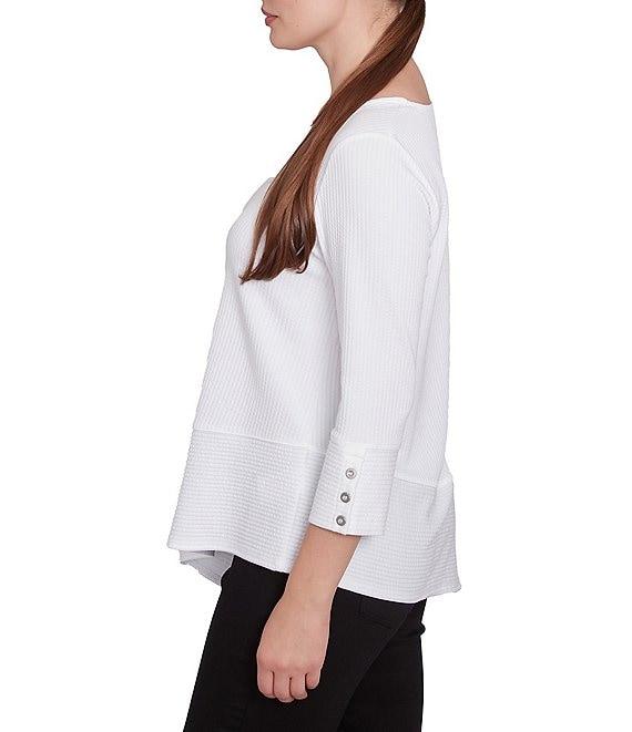 Ruby Rd. Knit Cable Stripe Square Neck 3/4 Sleeve Asymmetric Hem Top Product Image