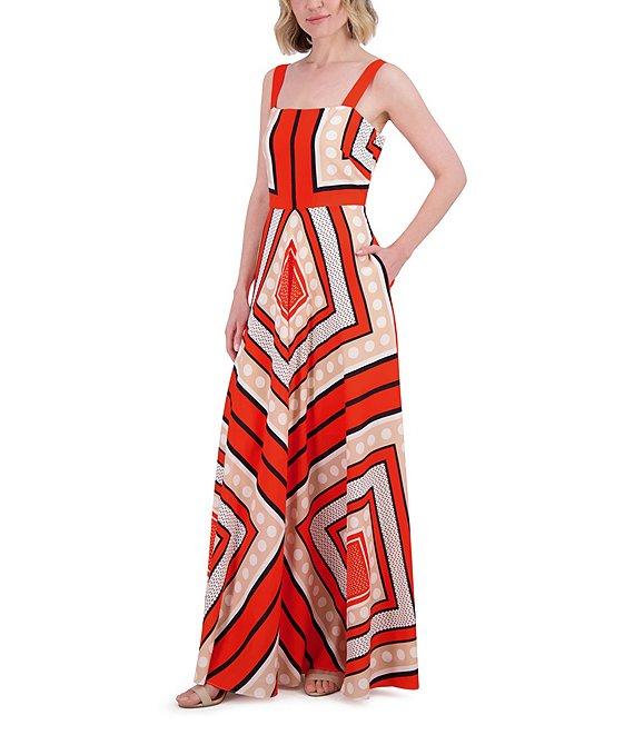 Eliza J Square Neck Sleeveless Stripe Scarf Print Crepe De Chine A-Line Maxi Dress Product Image